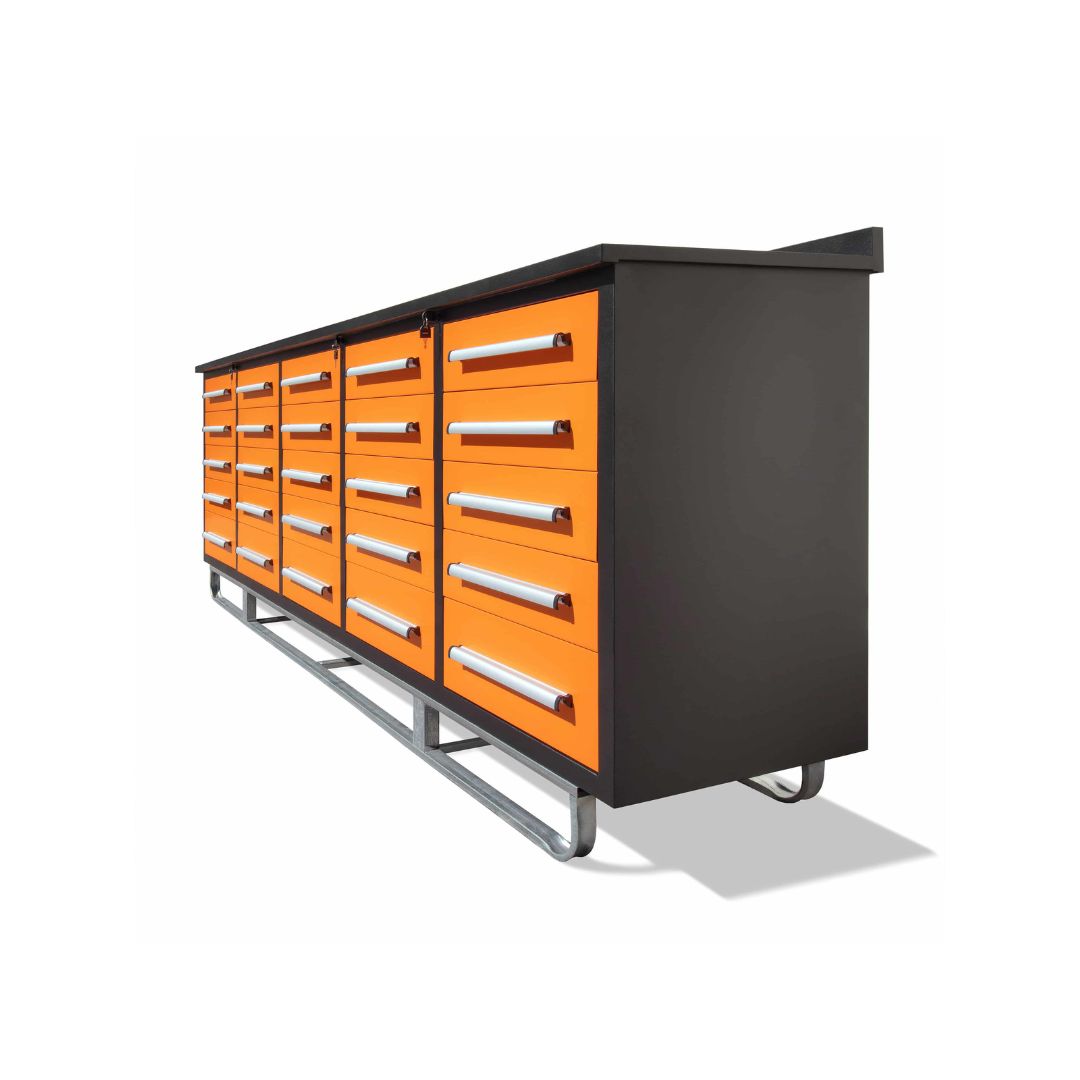 M&B | 10&rsquo; Workbench Cabinet with 25 Drawers - Container Express Services PTY LTD